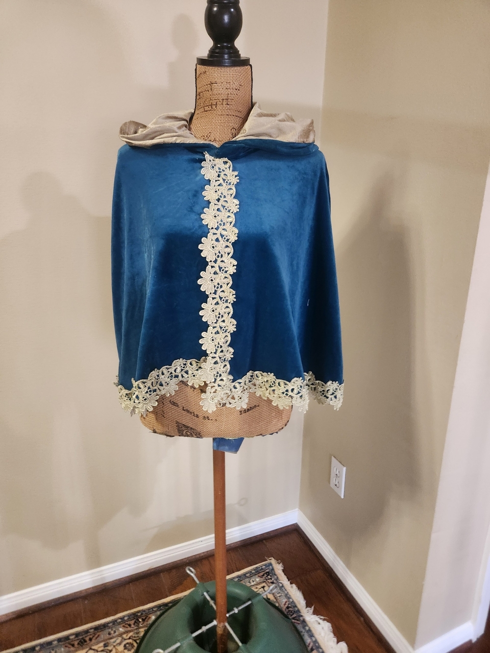 Teal Velvet Hooded Cape with Cream Lace Trim